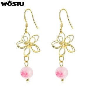 Gold Flower Earrings with Pink Bead